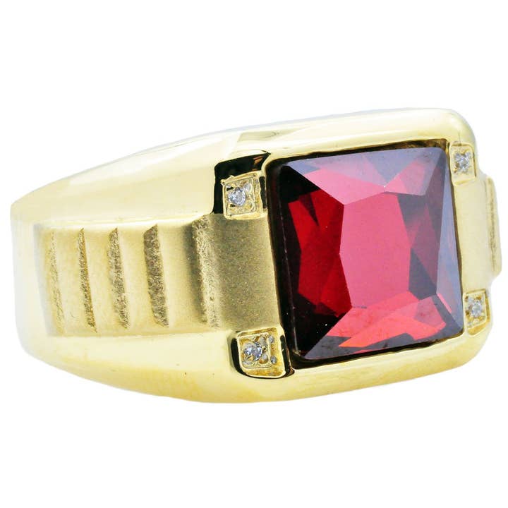 Men's Genuine Red Spinel And Gold Stainless Steel Ring With Cubic Zirconia for wholesale by Blackjack Mens Jewelry