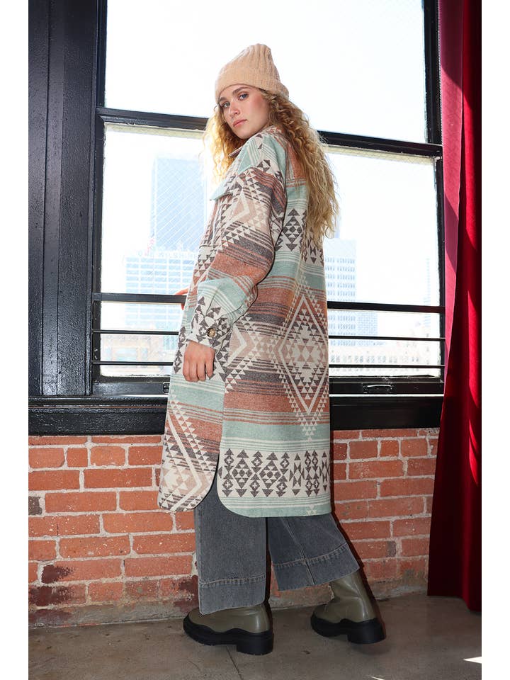 VERY J - Wholesale Shirt Jacket/Shacket - Women's - NJ90325-Aztec & Plaid Printed Shacket Jacket Coat