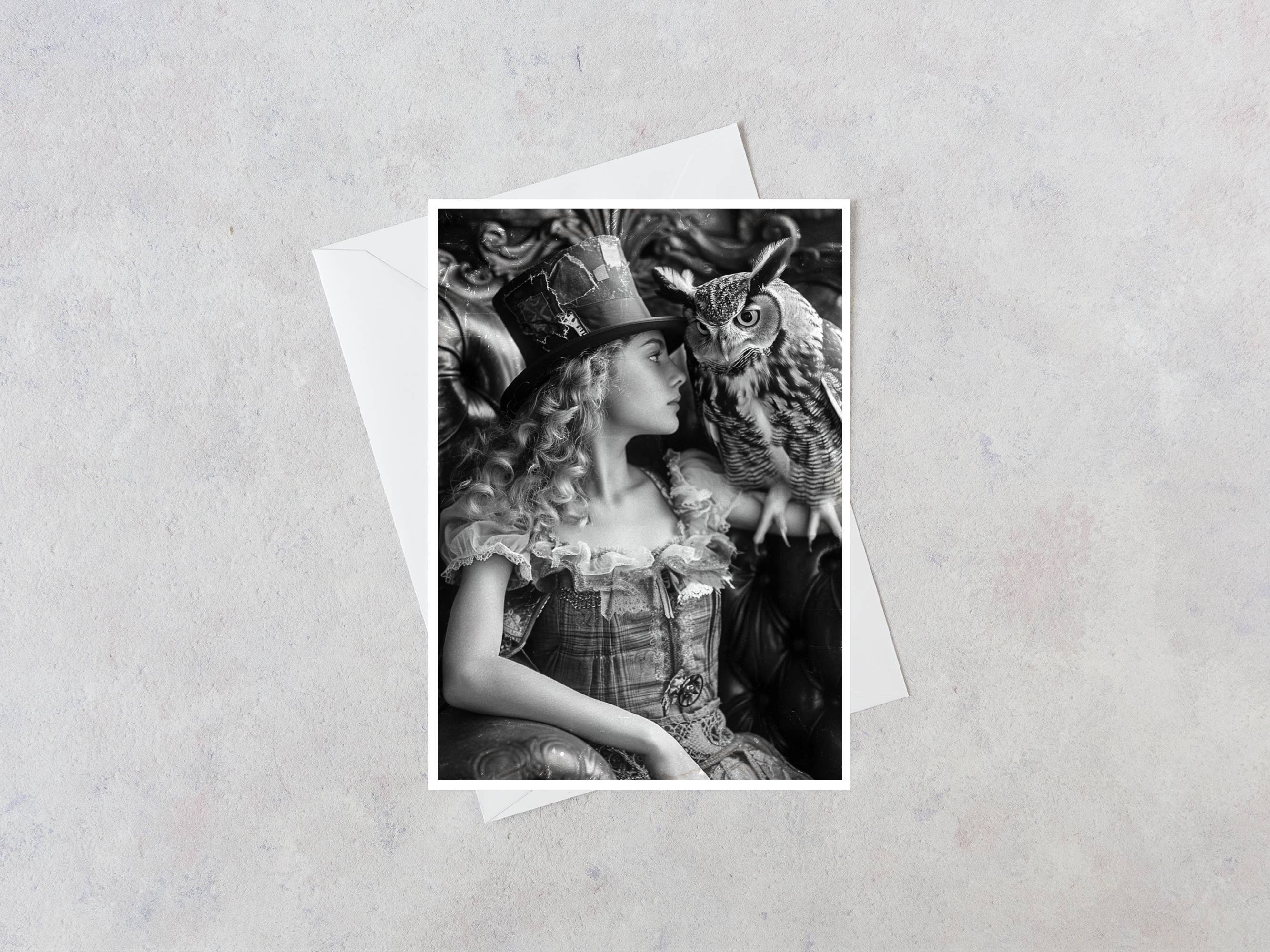 Salty Alyce - Wholesale Everyday greeting card - Victorian Girl in Top Hat and Her Owl Blank Card 98RD