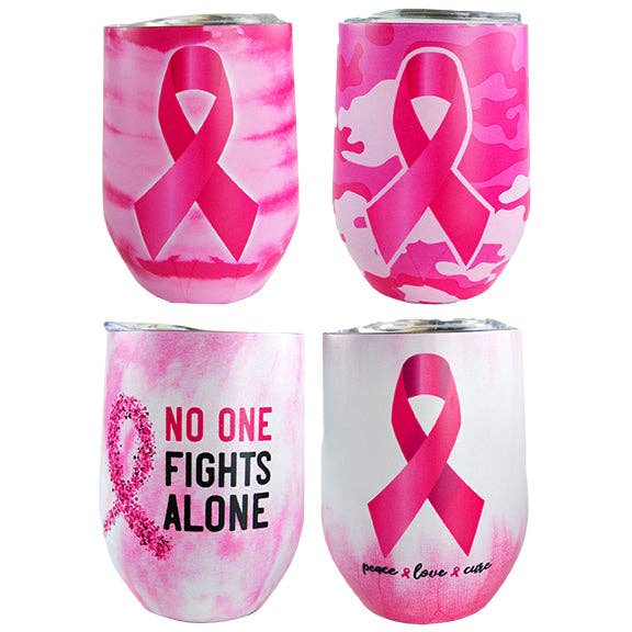 Novelty Closeout - Wholesale Insulated Mug/Tumbler - Breast Cancer Awareness 12 oz Insulated Wine Cup - 5/Pack
