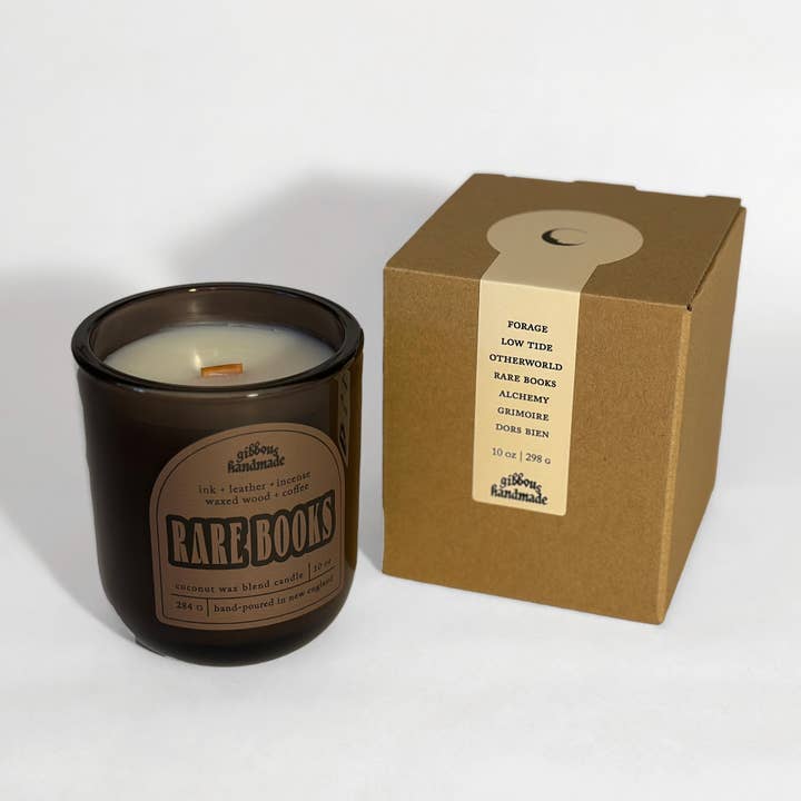Gibbous Handmade - Wholesale Jar/Filled Candle - RARE BOOKS Candle | Leather, Paper, Waxed Wood + Incense2