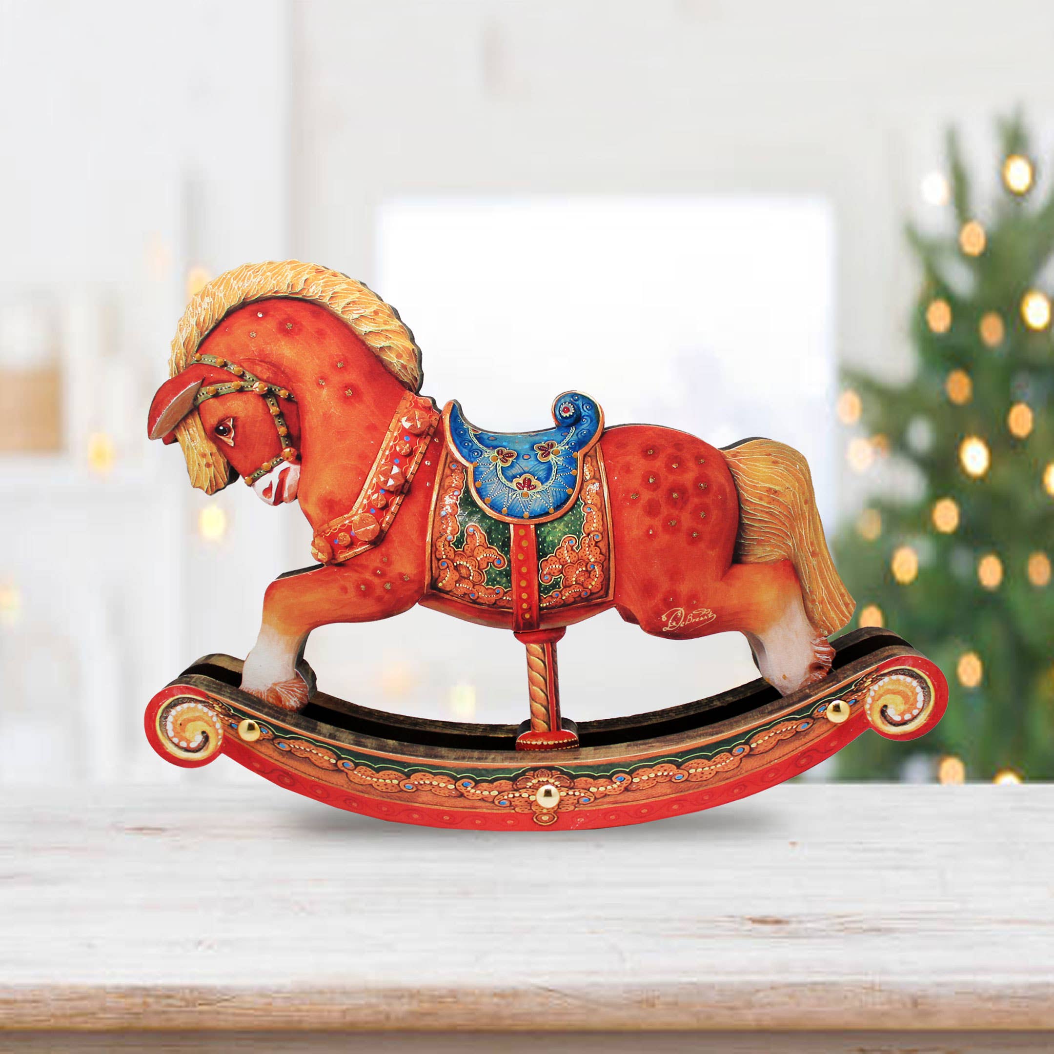 Designocracy - Wholesale Christmas Decoration - Rocking Horse Decorated Wooden Centerpiece Figurine DeBrekht1