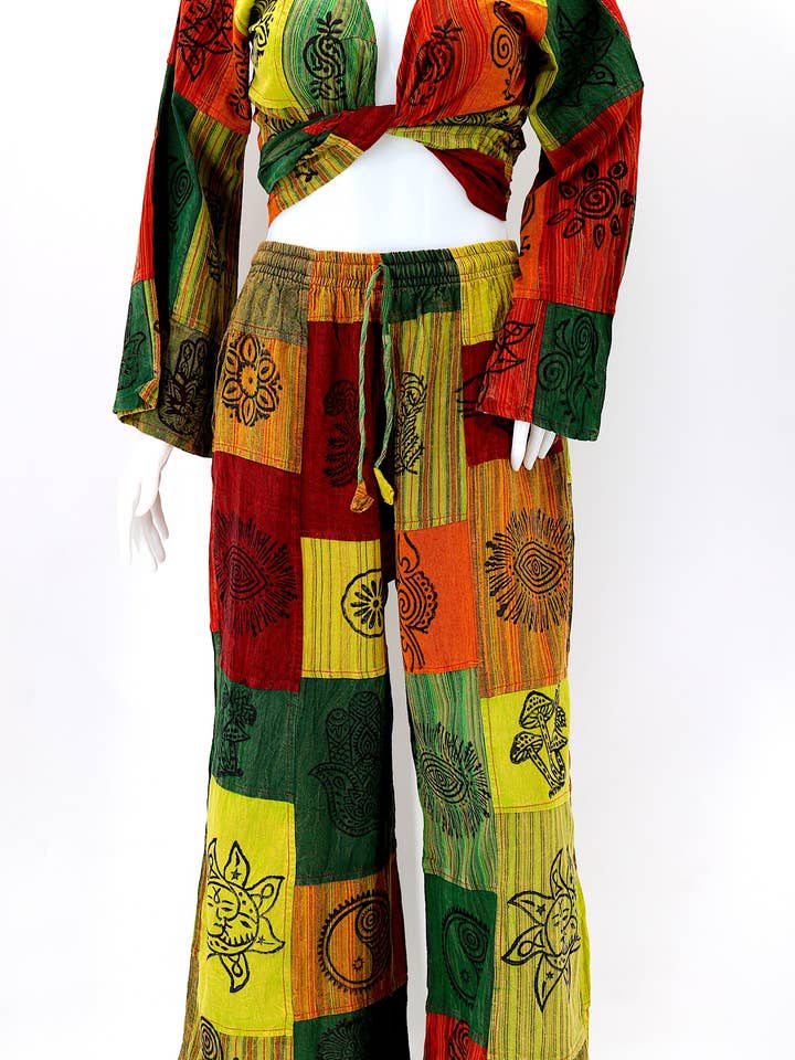 Himalaya Handmade - Wholesale Top & Pant Set (NOT Loungewear) - Women's - Cotton Hippie Handmade 2 Piece Patchwork Palazzo Bohemian Dress Set