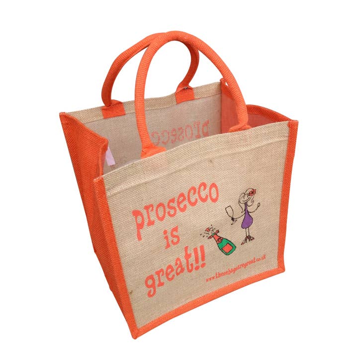 Prosecco is Great Bag - Jute Shopping Bag Gift Tote Bubbles for wholesale by These Bags are Great