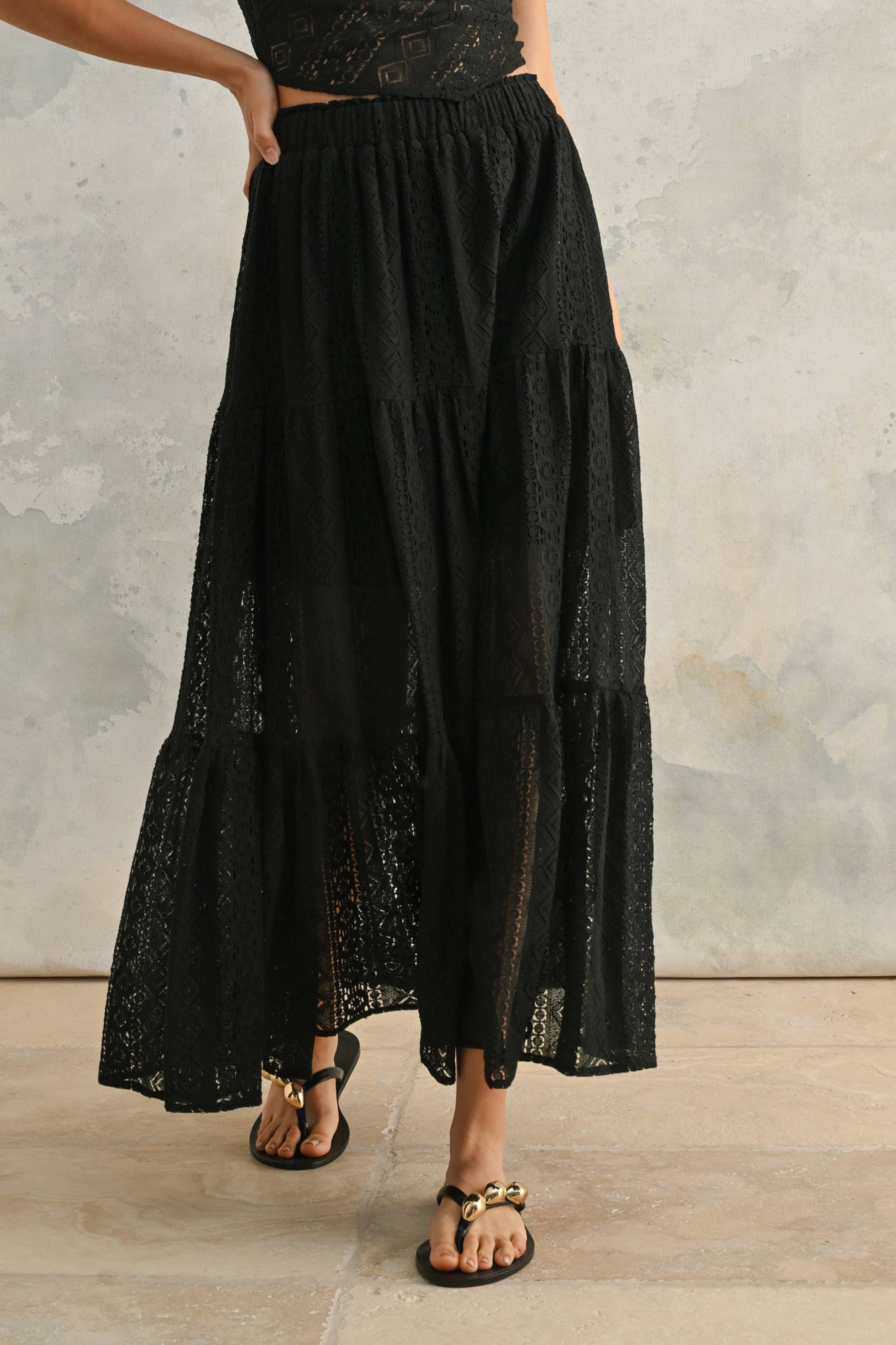 Black S5589ST CROCHET LACE TIERED SKIRT for wholesale on Faire