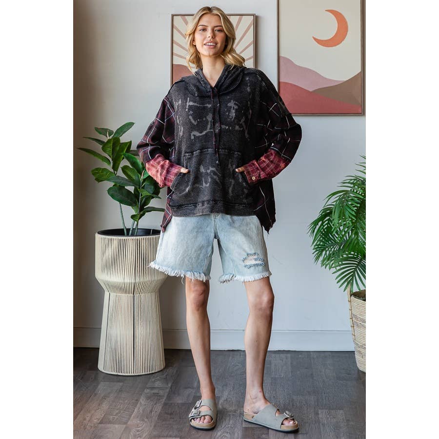 Oli&Hali – wholesale Hoodie - Dam – TVÄTTAD TYGBLANDAD HUVTRÖJA MED RUTIGT MÖNSTER5