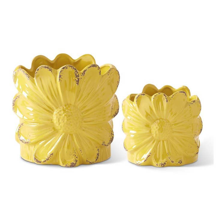 Ensemble de 2 jardinières en céramique tournesol jaune vieilli – Pots de fleurs décoratifs pour la maison et le jardin pour la vente par RC Home Decor