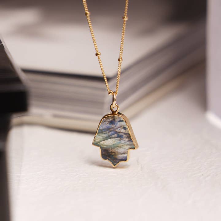 Labradorite Hamsa Hand of Fate Pendant Necklace for wholesale by Soul & Little Rose