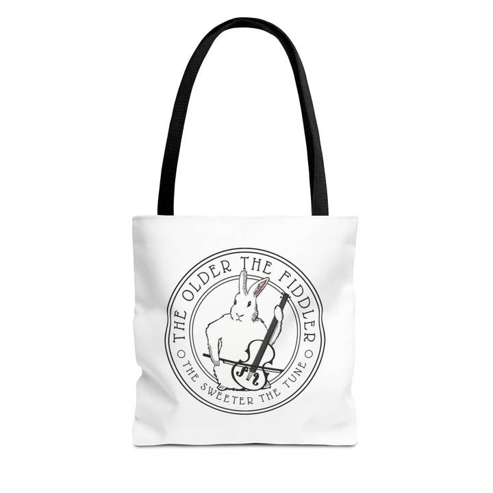 Mulepose med citatet 'The Older the Fiddler, the Sweeter the Tune' og Bunny Fiddle Player, sjov taske, indkøbspose, miljøvenlig taske, marked for engroshandel hos Terry Heath Art