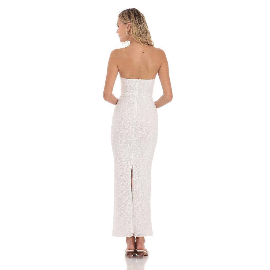 Lucy In The Sky - Venta al por mayor Vestido - Mujer - Vestido largo sin tirantes con textura floral retorcida en blanco1