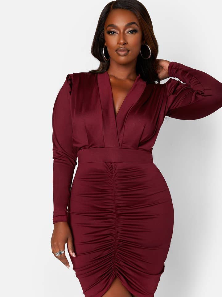 Got It Like That Plunge V Neck Ruched Mini Bodycon Dress for wholesale by REBDOLLS