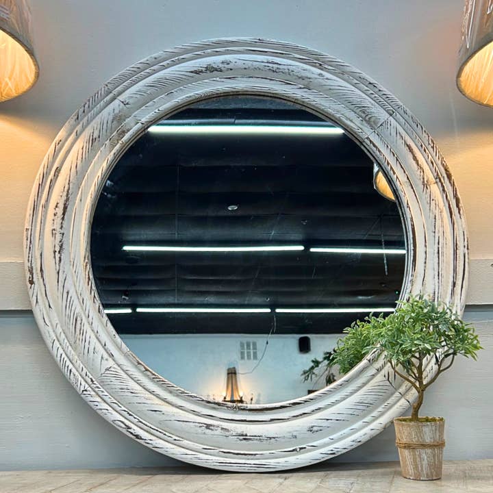 White Wooden Round Farmhouse Mirror 31.25x1.125x31.25” for wholesale by David Christopher's Collection
