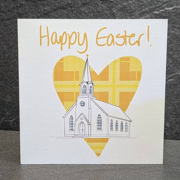Happy Easter - Yellow Tartan Heart and Church Card for wholesale by F and B Cards