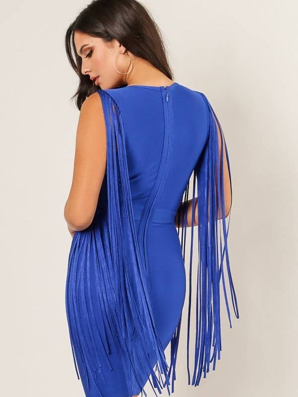 Blue Vanessa Fringe Sleeve Bandage Dress for wholesale on Faire1