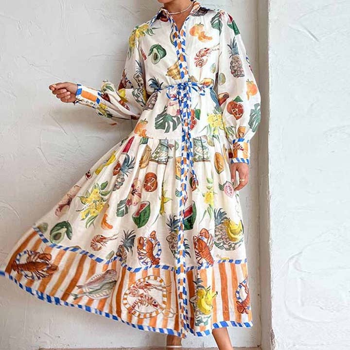Lily Clothing - Wholesale Dress - Women's - LANTERN SLEEVE PRINTED LAPEL LONG-SLEEVED DRESS0