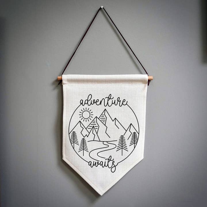 Adventures Await Winding Road Pennant Camper Van Flag for wholesale by EllieBeanPrints