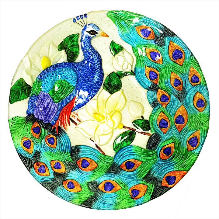 18" Hand Painted Peacock Glass Bowl for wholesale by Continental Art Center