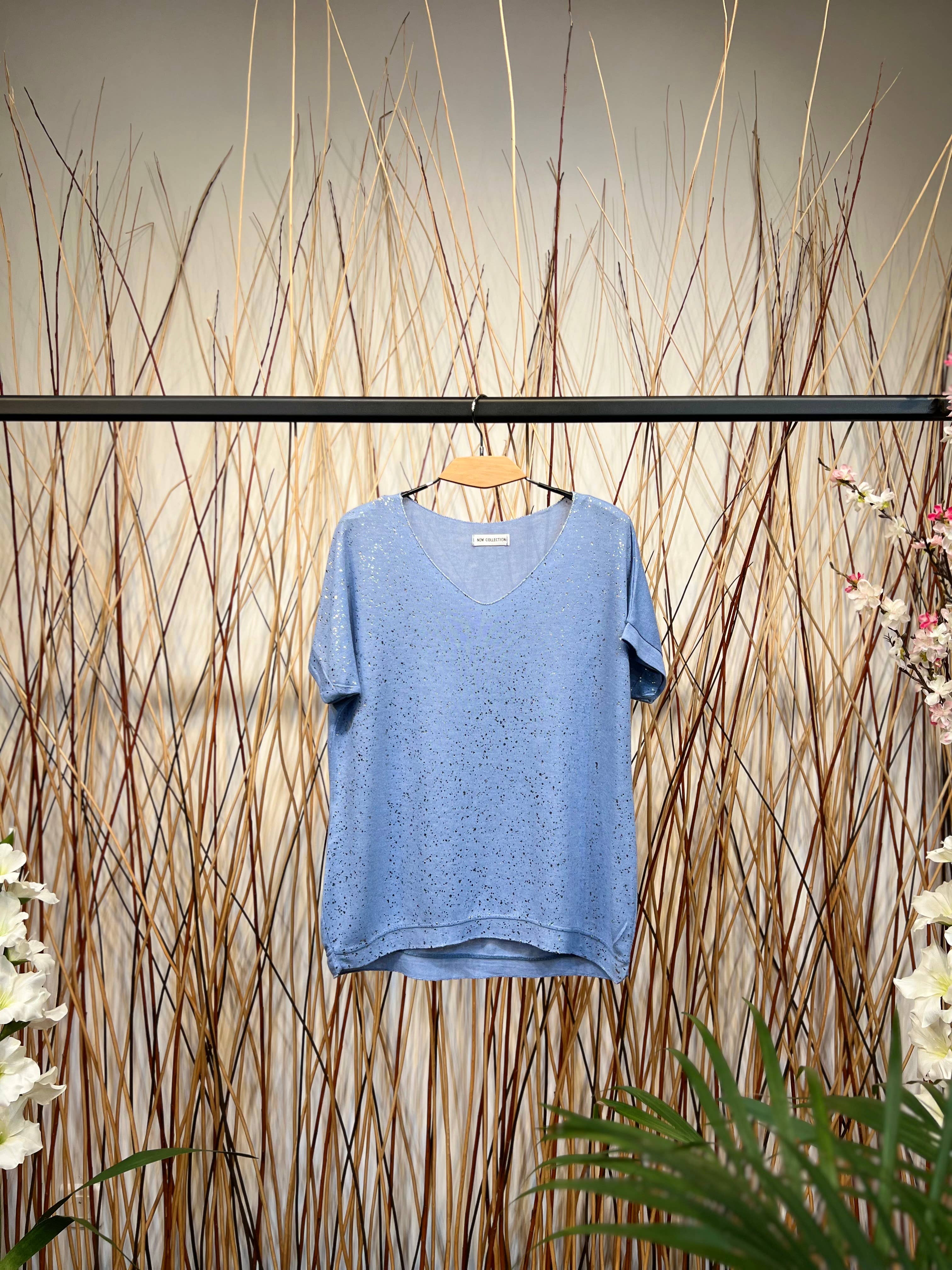 L'Emotion - Wholesale T-Shirt - Women's - Silver Glitter Decoration V-Neck Short Sleeve T-Shirt7