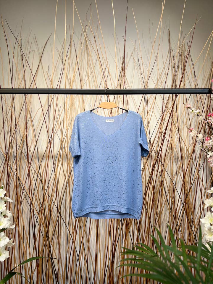 L'Emotion - Vente T-shirt – femme - T-Shirt Col V Manche Courte Décoration Paillètes Argentés7