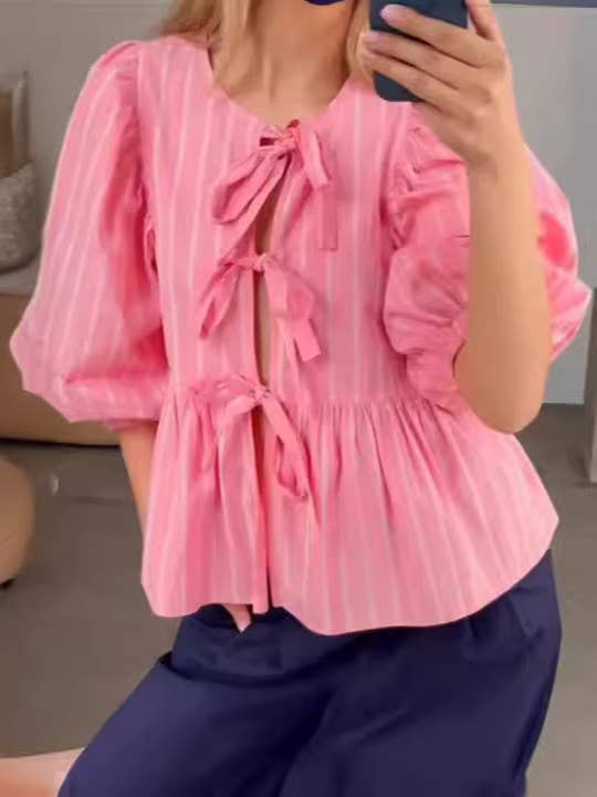puff sleeve Tie front blouse in pink Striped for wholesale by Rosa Clothing