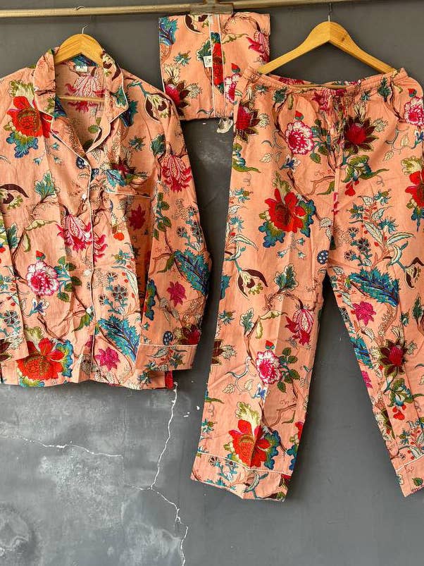 Floral Print Cotton Handmade Women PJ Set Pant And Shirt Set for wholesale by bhavnas boutique
