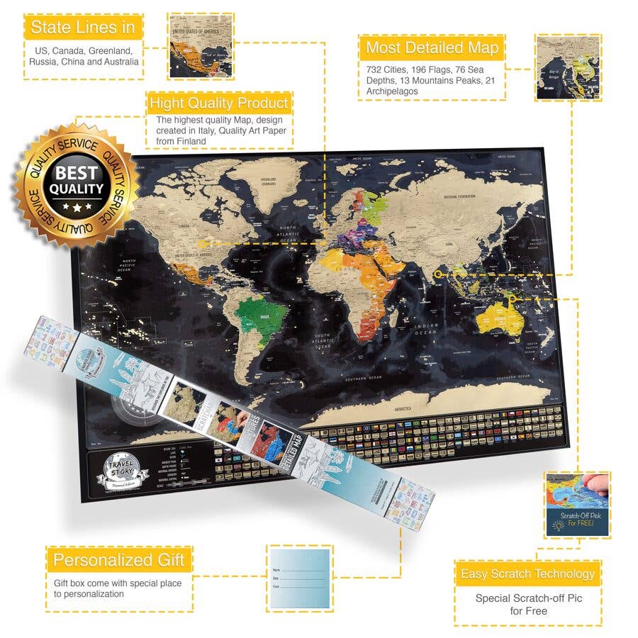 Mapidea - Wholesale Plattegrond - Scratch Off wereldkaart - kleur zwart goud - formaat 70 x 50 cm1
