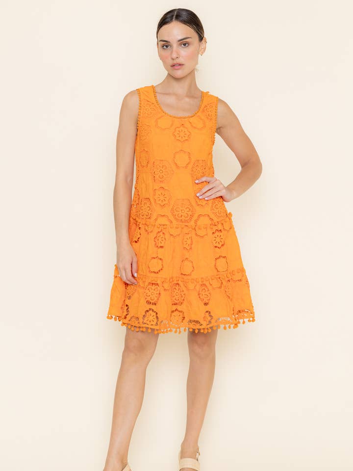 RESORT LACE CROCHET EYELET POM POM BABYDOLL DRESS-DI9696FO for wholesale by Fore Collection