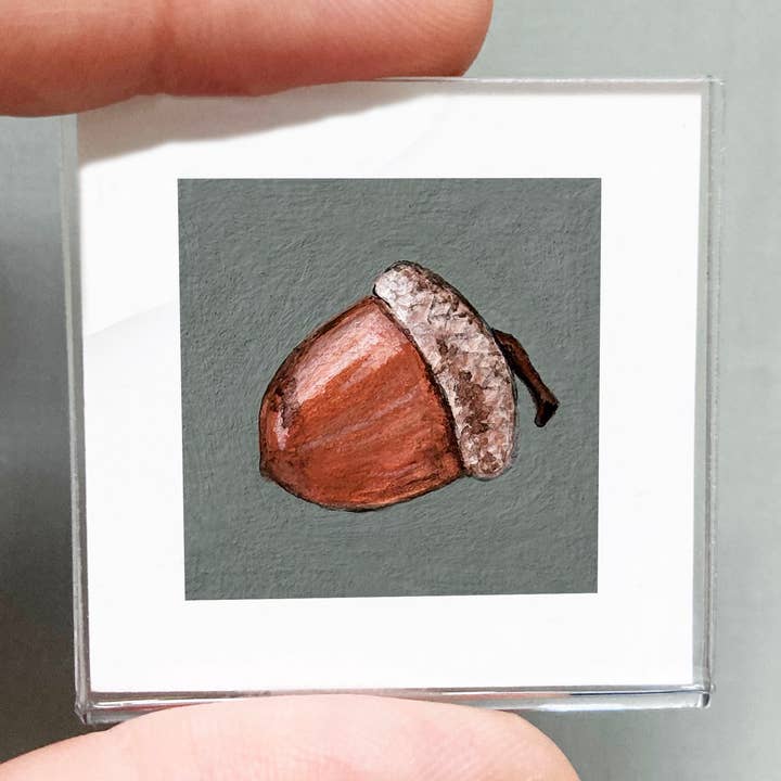 Mini 1" Acorn Nature Tiny Watercolor Framed Tiny Art Print for wholesale by Mick's Art Goods