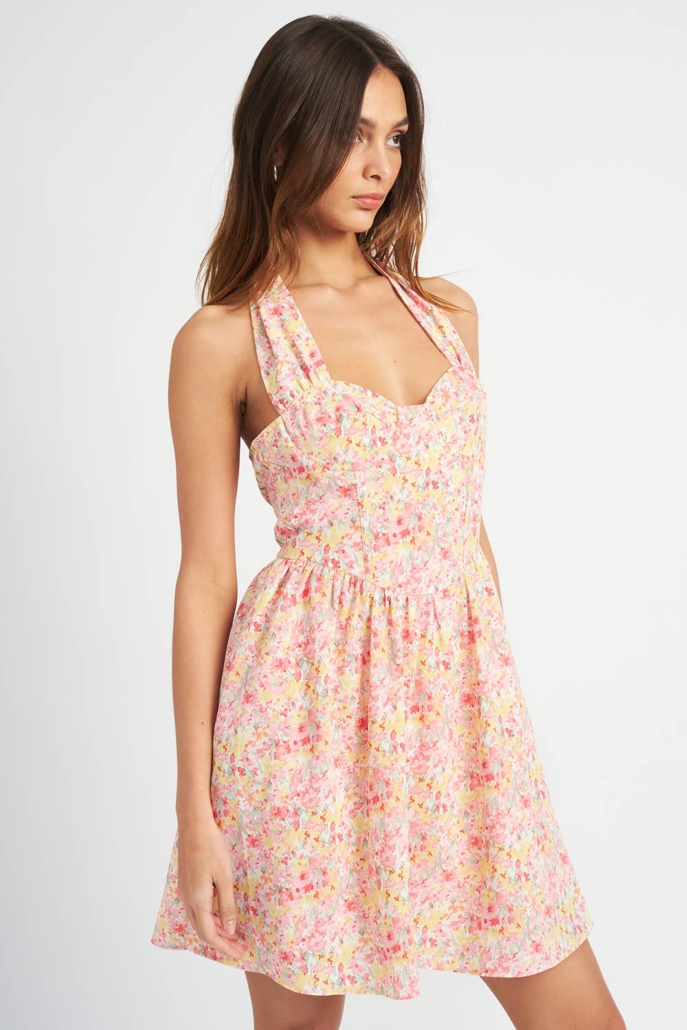 PINK FLORAL BUSTIER HALTER NECK DRESS for wholesale on Faire2