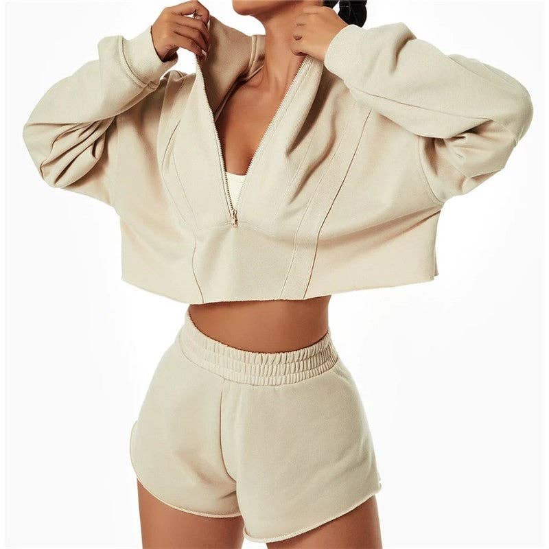 FurDecoration – wholesale Lounge set – Women's – Zip-Up Collar Sweatshirt Shorts Set1