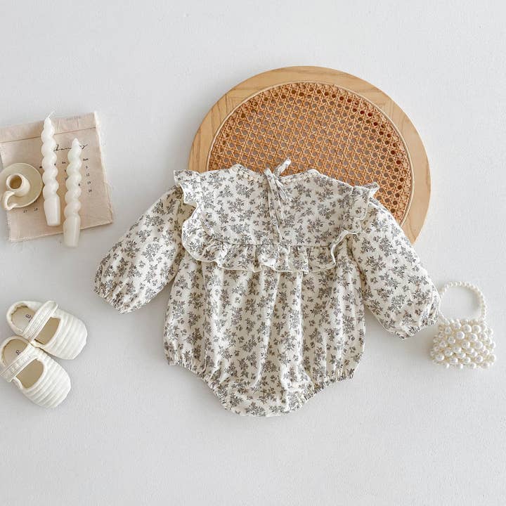 Khaki Spring Arrival Baby Flowers Print Long Sleeves Vintage bodysuit For Girls for wholesale on Faire1