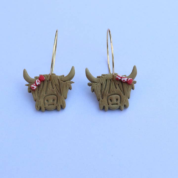Lily and Sparrow Clay - Wholesale Hoop Earrings - Bessie the Riveter Highland Cow Hoops1