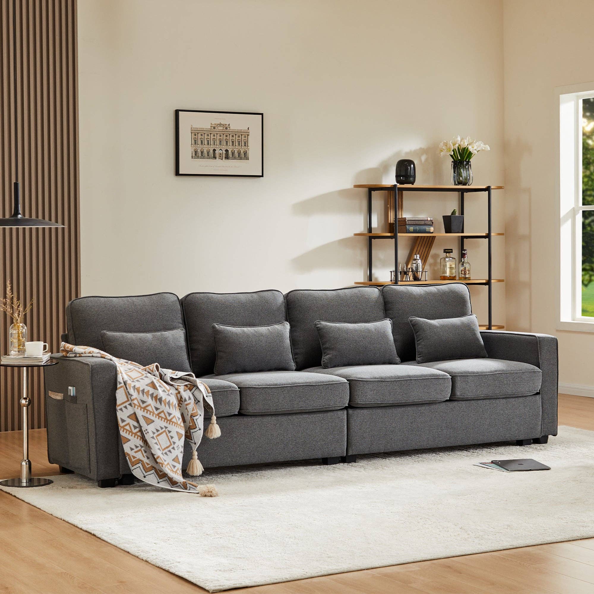 Urban Meuble - Wholesale Sofa - 4-seater sofa with gray linen armrests and 4 cushions 264*83*87cm YASITH2