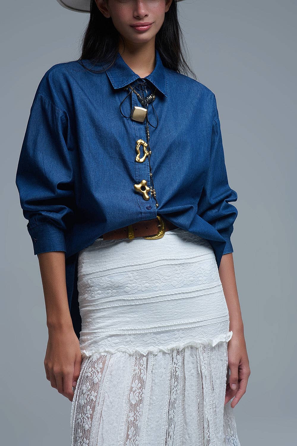 BLUE Relaxed Denim Shirt With Gold Abstract Buttons for wholesale on Faire4