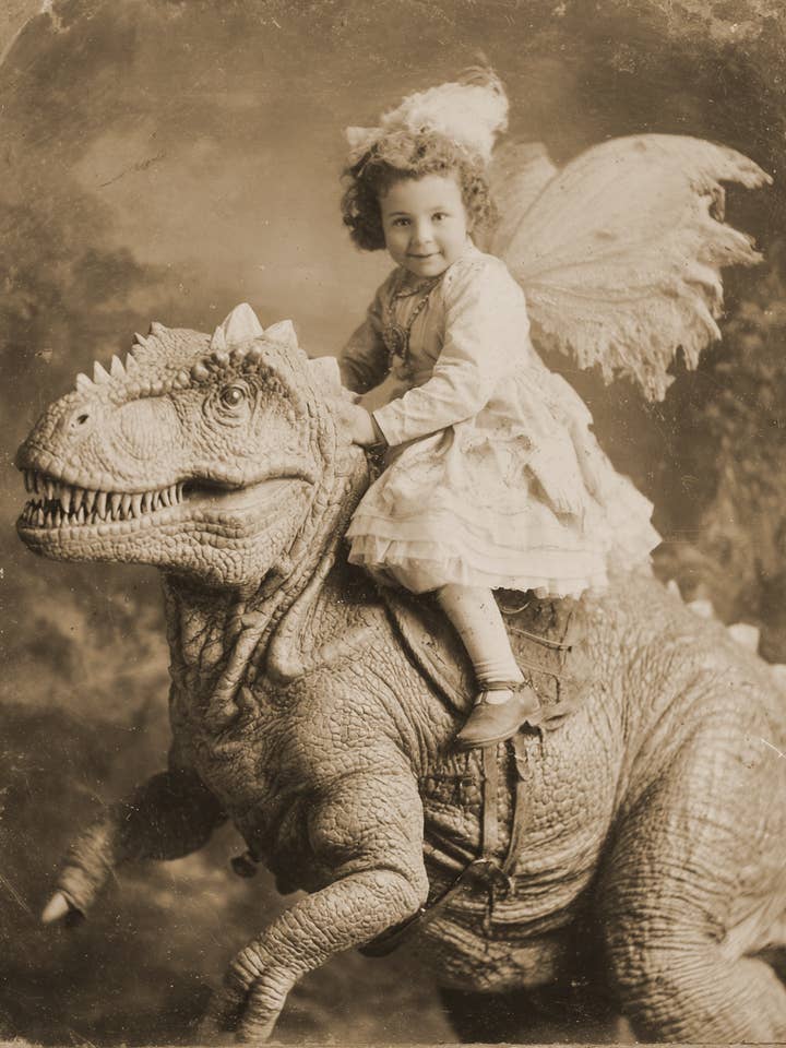 Fairy Riding a T-Rex Dinosaur - Antique Style Photo - Fairies Art Print - 8"x10" Artwork for wholesale by Mowbi