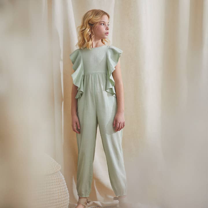 Dadati - Wholesale Overalls - Kids - Girl's jumpsuit with ruffle in light green plumeti