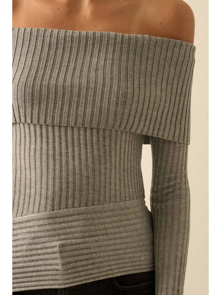 Promesa USA - Wholesale Knit Sweater - Women's - Sheer Rib-Knit Off-Shoulder Foldover Sweater7