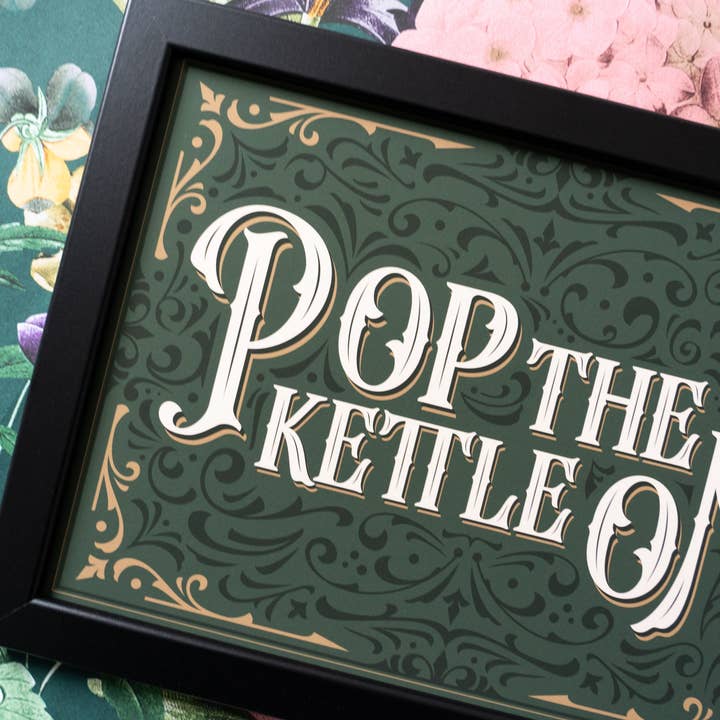 Pop The Kettle On Vintage Typography Print for wholesale by Hayley Jade Design Studio