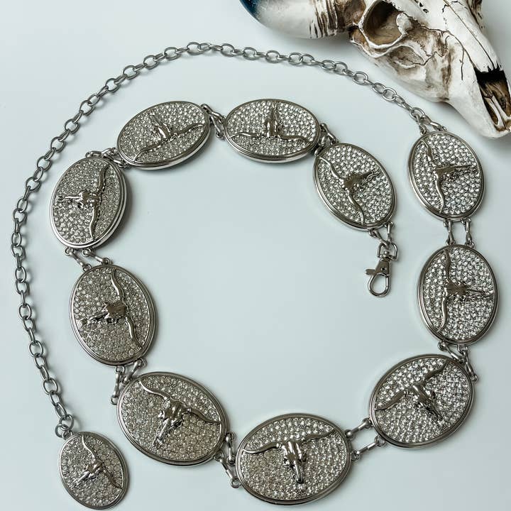 Boho Ranch Shop - Vente Ceinture – femme - Ceinture à chaîne western Bling Longhorn Steer Statement3