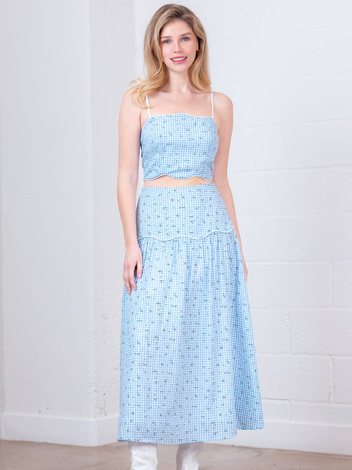 HT28443TS-GEGOLFDE VORM GINGHAM BH-TOP, GINGHAM ROKSET voor wholesale door Taelynn