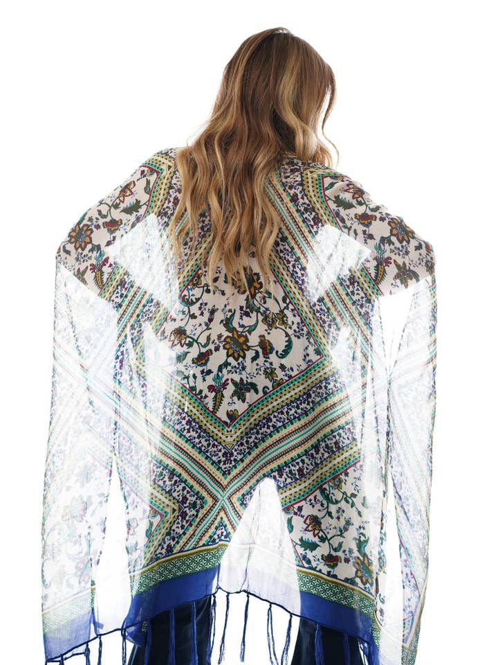 Three Bird Nest - Wholesale Kimono - Women's - Riviera Border Print Kimono - Blue