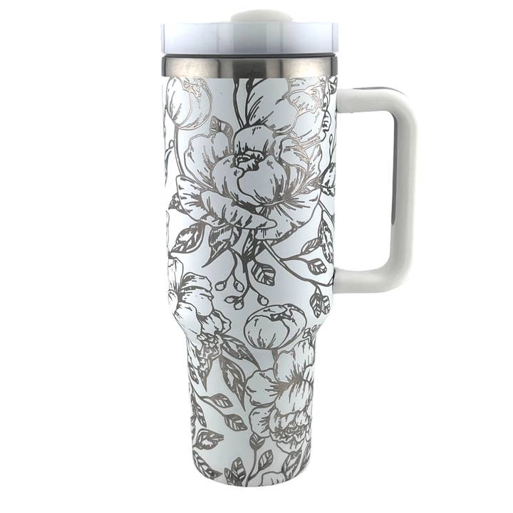 40 oz Peony Engraved Insulated Tumbler with Handle for wholesale by The Savvy Spade