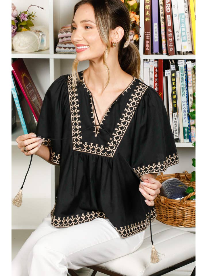 Vine & Love - Vente Chemisier – femme - Blouse blanche brodée à col noué, style bohème3