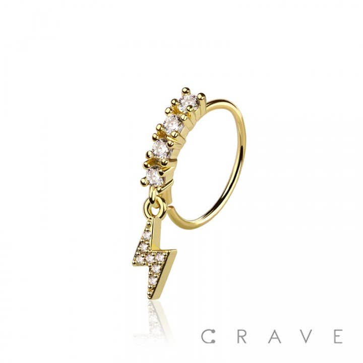 CRAVE BODY JEWELRY - Wholesale Nose Ring - CZ LIGHTNING BOLTPRONG DANGLE ROUND CZ GEM O-RING NOSE HOOP