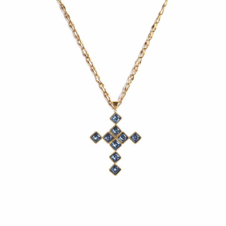 Brigid Cross of Kildare Chica Charm Necklace Water Lt Sapphire - Gold for wholesale by VSA Designs Inc.