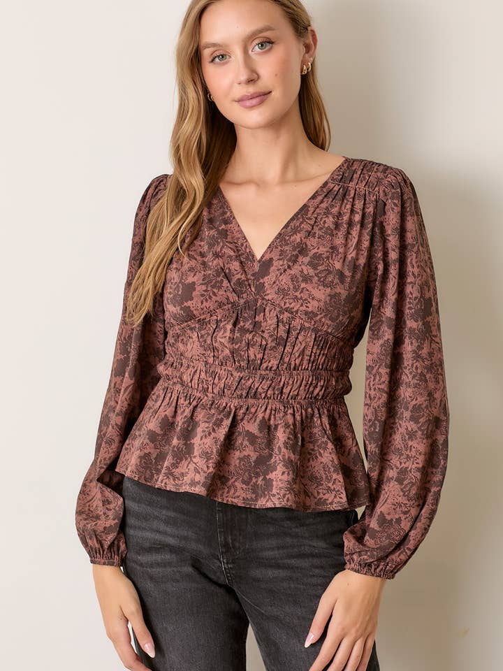 PRINTED V-NECK LONG SLEEVE TOP for wholesale by Polagram by Wellmade USA