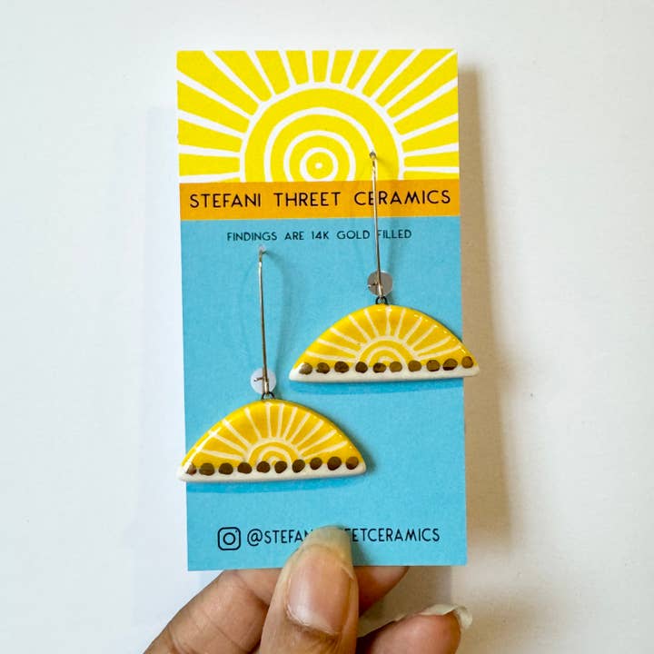 Luster Dangle Earrings- Crescent in White Clay-Yellow Sun for wholesale by Stefani Threet Ceramics