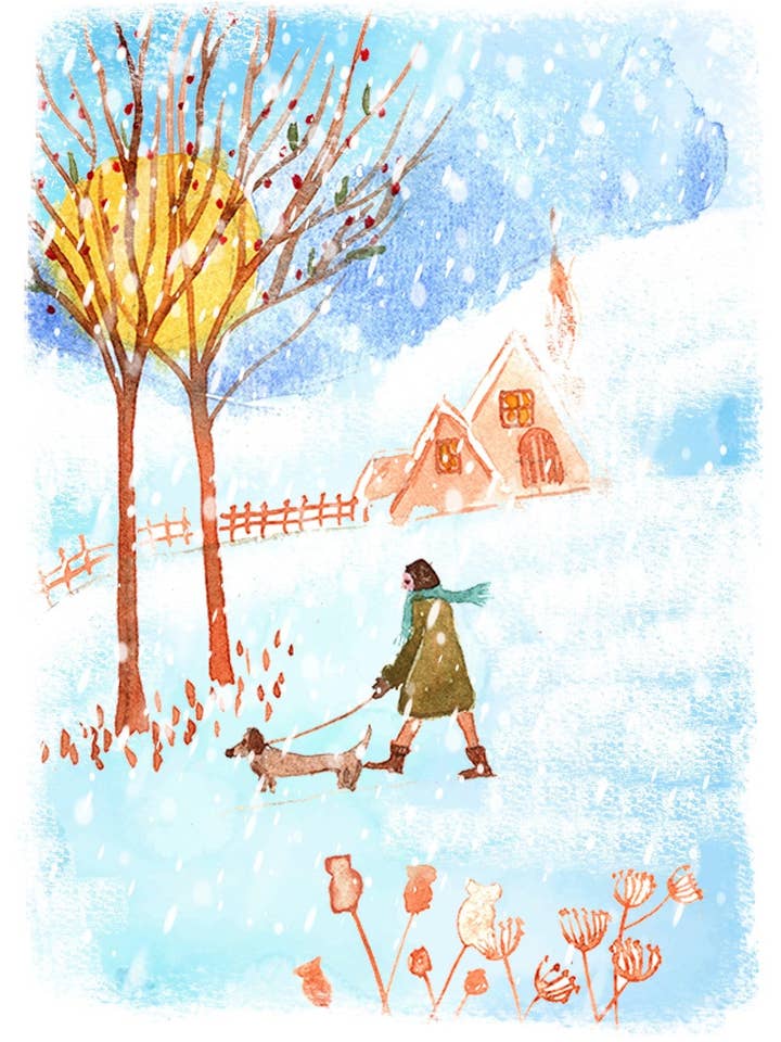 Promenad med hunden julkort | Festlig och lekfull design | Illustration av Maria Zvaric för wholesale av Maria Zvaric Illustration