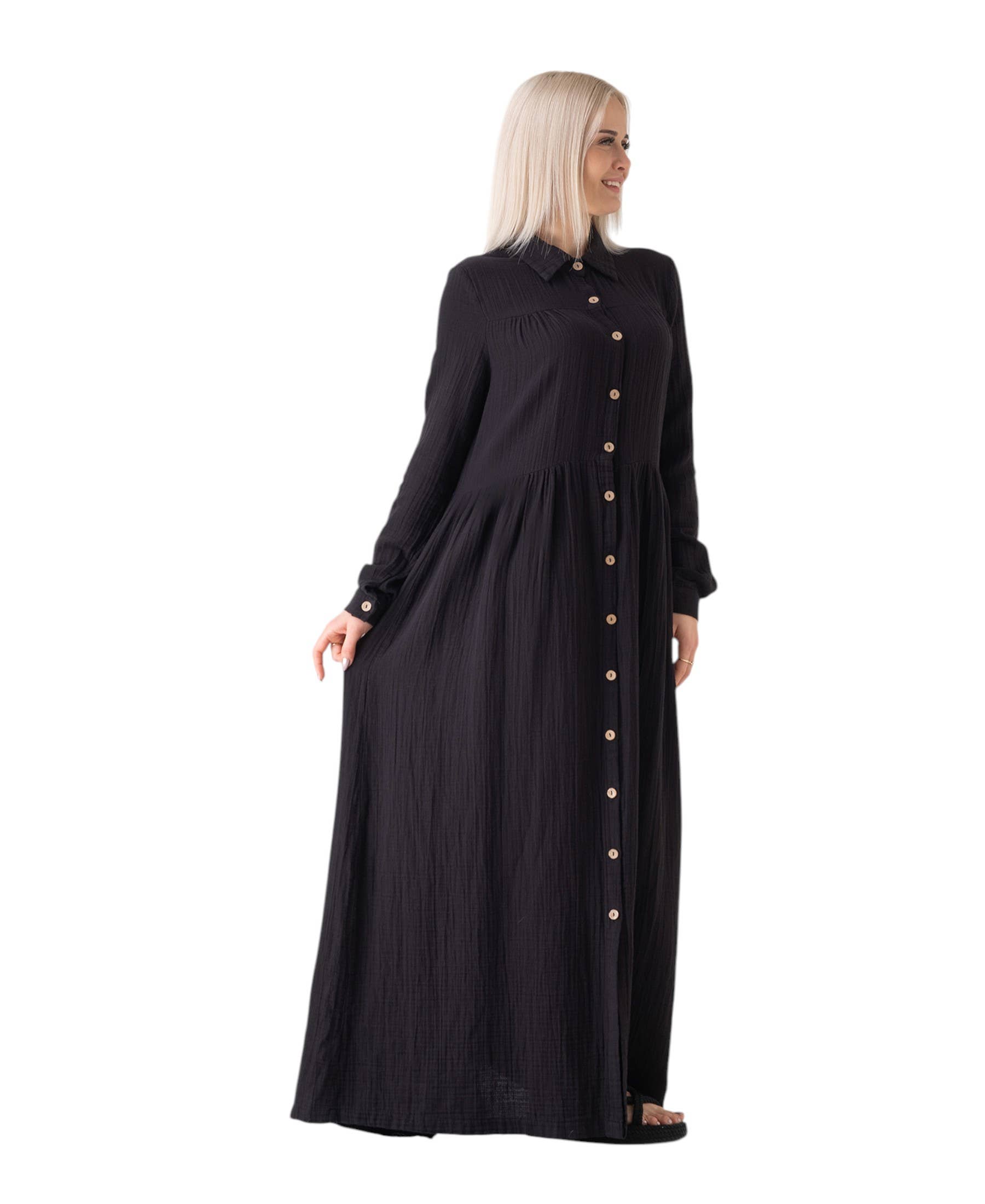 WENOR - Vente Robe – femme - Robe d'été longue en mousseline 100 % coton avec patte de boutonnage, 145 cm13