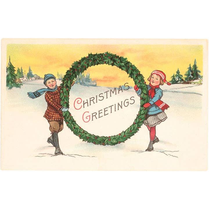 Vykort MC-07 Julhälsningar, Barn med Krans för wholesale av Found Image Press